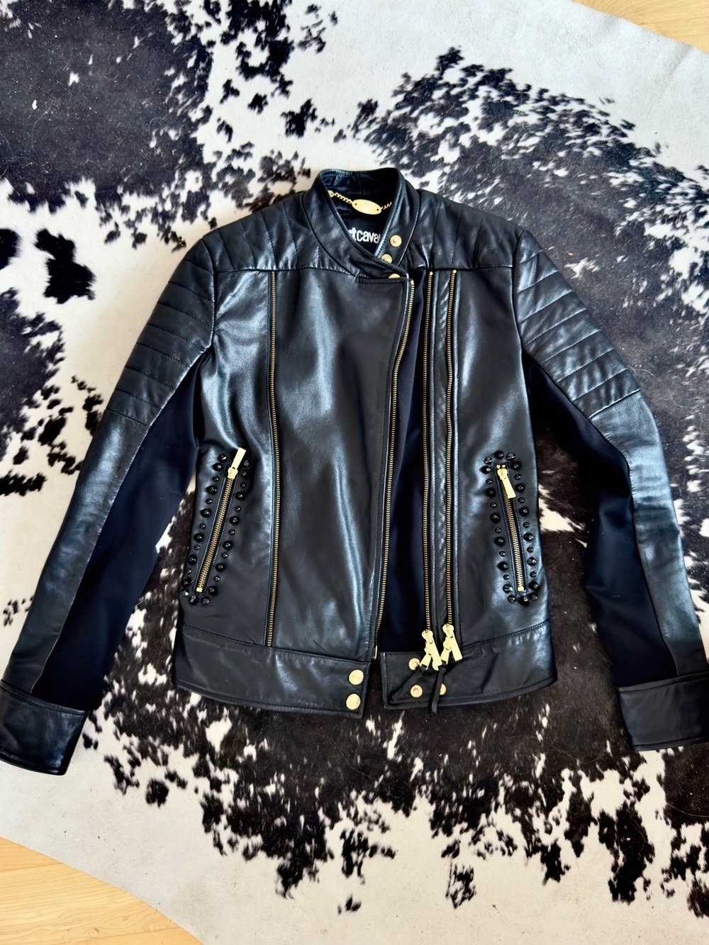 Authentic Just Cavalli Black Jacket with Gold Chain Detail and rhinestones